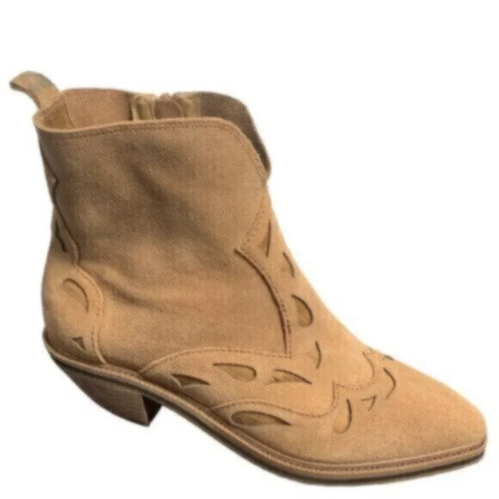 Kelsi Dagger Cliff Mocha Brown Suede Pointed Toe Block Heel Western Ankle Boots